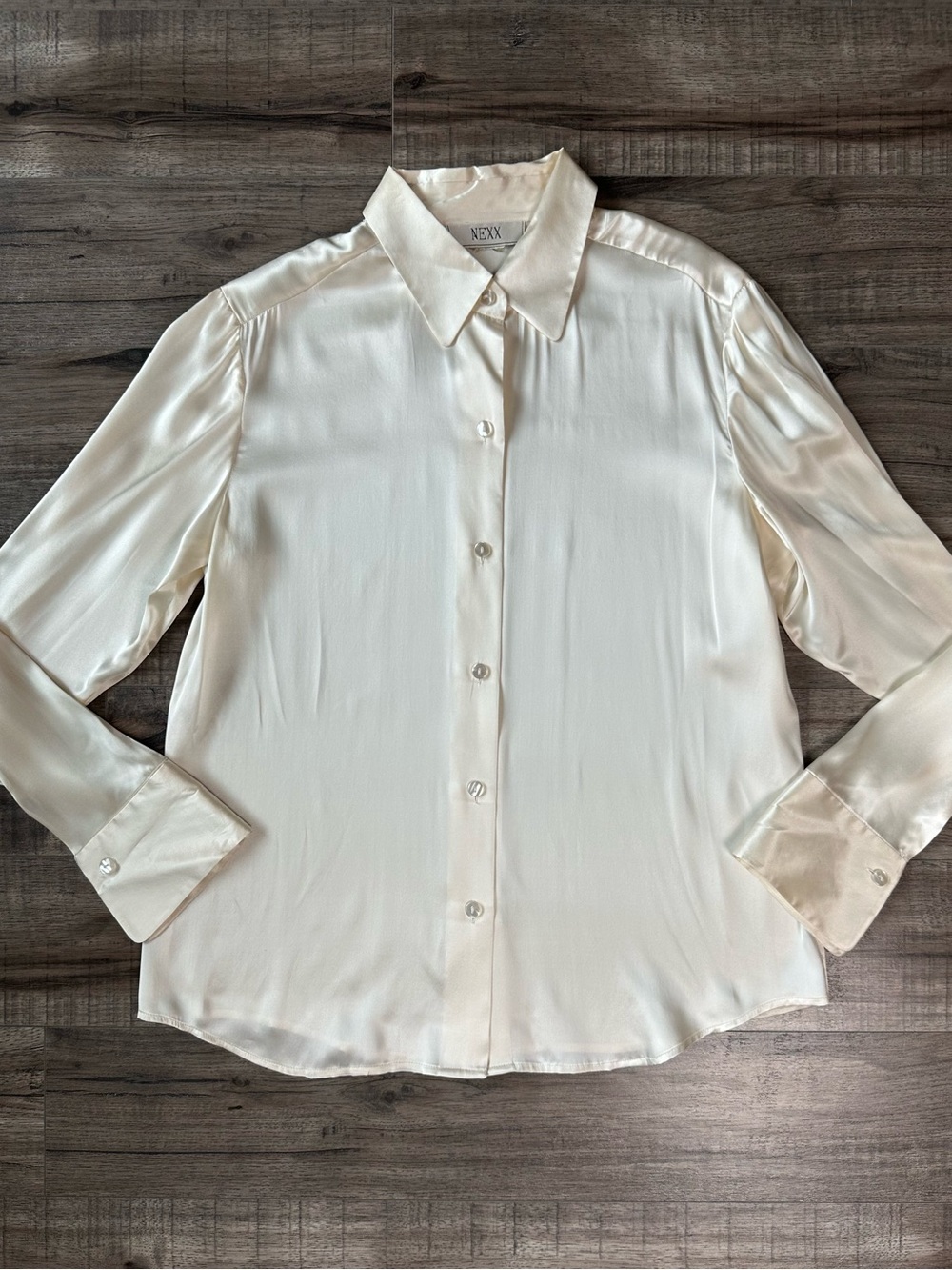 Vtg NEXX 100% Silk Ivory Blouse Button Down Quiet Luxury Minimal Capsule Office